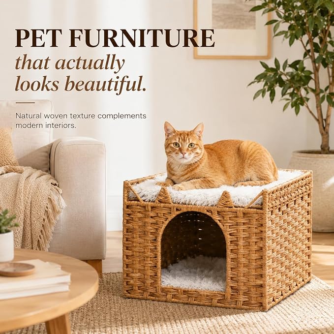 Cat Bed with Ears - Handwoven Rattan Cat Cave House for Indoor Kittens, Foldable Hideaway with 2 Removable Cushions, 16.5x16.5x13.2 Inch Natural Pet Cube for Living Room/Bedroom Natural