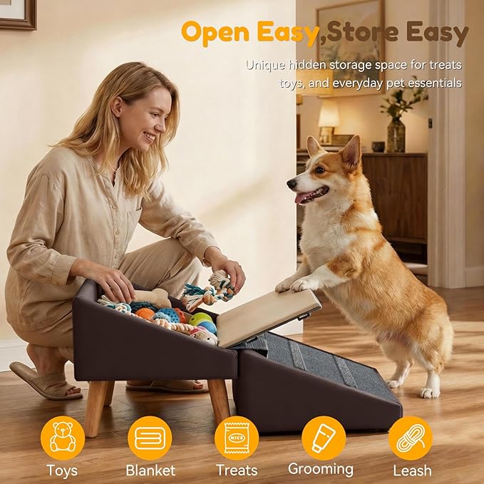 Dog Ramp & Stair for Couch Sofa Bed, 18.5" Extra Wide 15.7" H Foldable Ottoman & Hidden Storage 3-in-1 Design, Safer Non-Slip Leather Pet Steps for Puppy Senior Injured Dogs (Brown)
