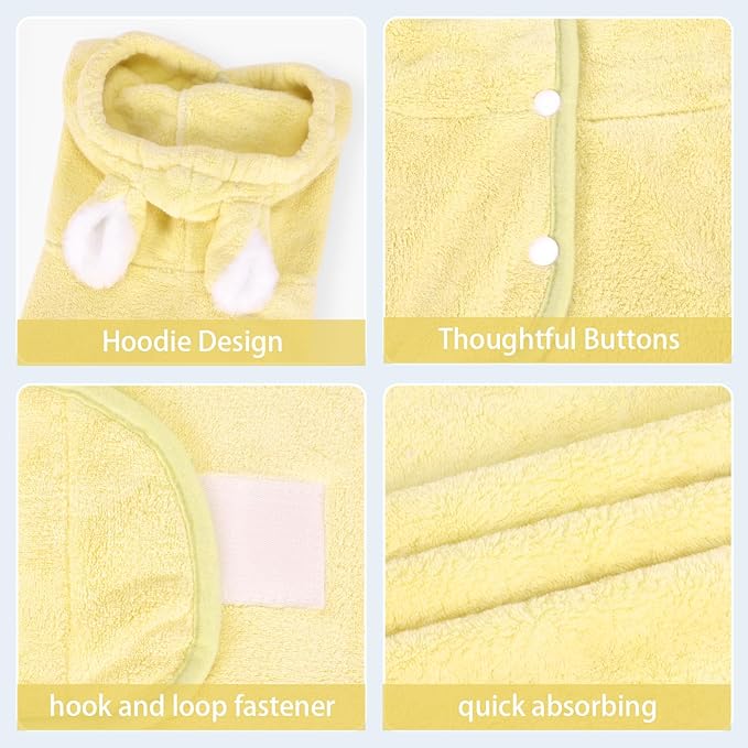 Pet Bathrobe Towel Dog Cat Drying Coat Super Absorbent Cute Dogs Bath Towel Hooded Robe Adjustable Collar & Belly Strap for XSmall to XLarge Pets (Yellow, X-Large)