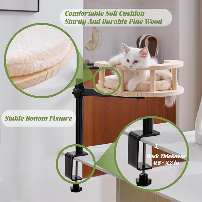 BYBYME Cat Desk Bed for Indoor Cats with Adjustable Height & 360° Rotation, Wooden Desk Kitty Nest for or Office Desks Home Tables, Wooden Desktop Kitten Furniture, 14" in Diameter (Light Oak)