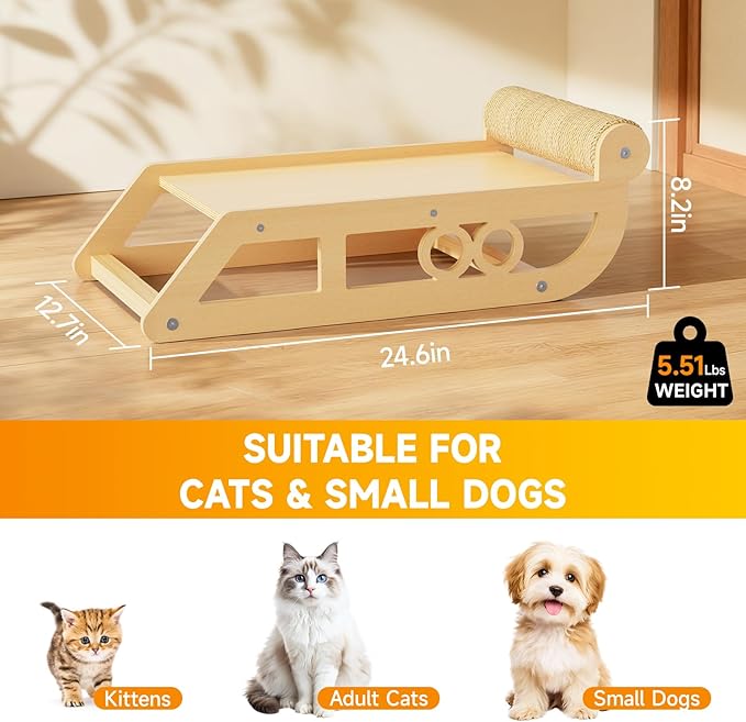 Cat Scratching Post with Cozy Bed, Sled Shaped Wooden Cat Bed for Indoor Cats,Small Dogs and Rabbits, Side Cat Scratching Post with Perch, Durable Cat Activity Furniture for Kittens & Large Cats