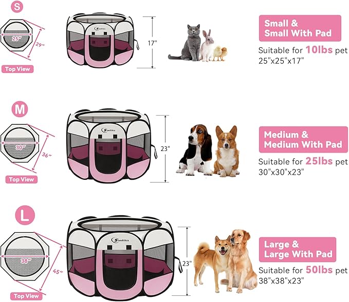 Pink Puppy Playpen for Middle Dog Cat, Dogs Tent Crate Cage Indoor/Outdoor, Portable Pop Up Dog Kennel with Carrying Bag for Rabbits, Removable Top (Pink with Pad, Large)