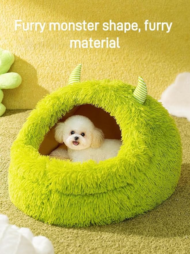 Autumn and Winter Cat Bed Semi-Enclosed Plush Warm Thickened Little Monster Cat Bed Indoor High Cushion Deep Sleep Dog Bed Small and Medium Dog Cat Bed Pet Bed (L,Green)