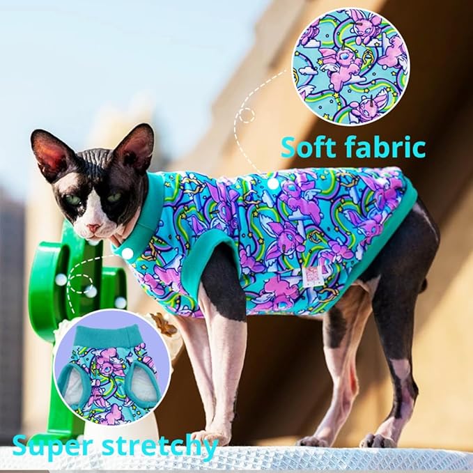 Sphynx Cat Clothes, Hairless Cat Shirt, Soft Stretchy Sweater for Cats, Breathable Cat Daily Outfit,Pullover for Cornish Rex, Devon Rex (Green, M (3.5-5lbs))