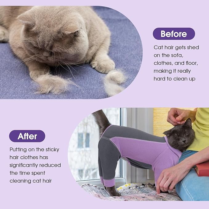 Hair Sticky Cat Clothes, Cat Sweater for Cats Only, 4-Legged Fleece Sweaters Kitten Pajamas Reduce Shedding Fur, Warm Pullover Shirts for Cats, Purple XL