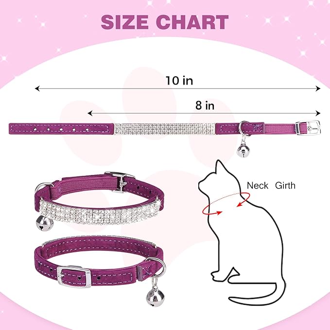 BINGPET Diamond Cat Collar with Bell, Adjustable Soft Velvet Bling Rhinestone Cat Collar, Sparkly Kitten Collar with Safety Elastic & Metal Buckle for Small Medium Cats