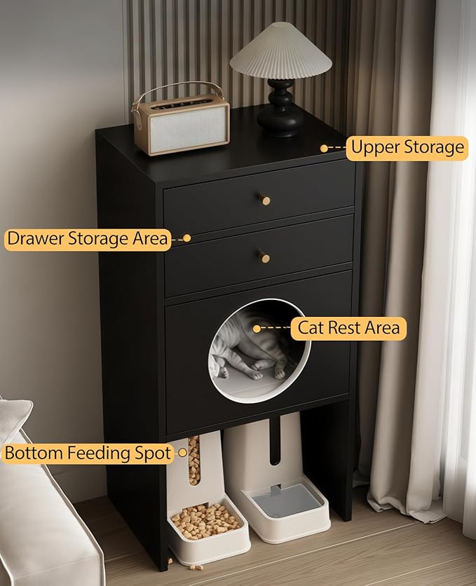 Multi-Function Cat House Furniture, Solid Wood Cat Condo with Storage Drawer, Pet Bed & Feeding Area, Compact Cat Cabinet (White,19.6" L*15.7" W*41.3" H)
