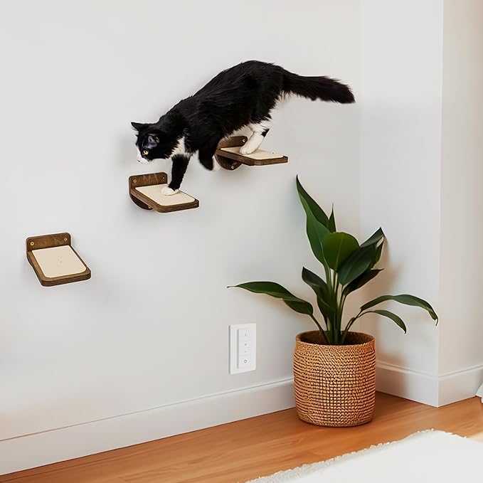 INICIO Cat Wall Stairs - Set of 3 Wall Steps for Cats to Climb with Fixtures, 8.7"x4.7" - Floating Steps for Climbing or Playing - for Kittens and Adult Cats, Dark Brown