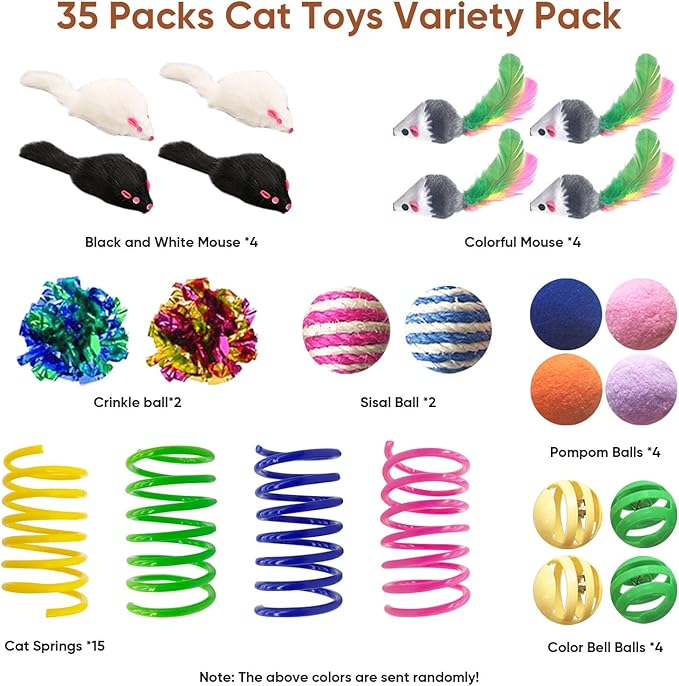 Cat Toys for Indoor Cats, 35 Packs Interactive Cat Toys Set with Colorful Springs, Mouse Cat Toy, Crinkle, Sisal, Pompom and Color Bell Balls for Kittens
