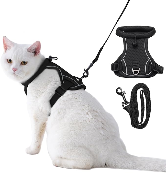 Dotoner Escape Proof Cat Harness and Leash Set Adjustable Soft Mesh Vest for Walking Safe Travel Vet Visit with Reflective Strips for Cats and Kittens(Black-L)