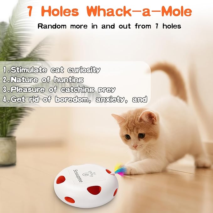 Cat Toys, Rechargeable Interactive Cat Toy, Smart Sensor Pop-Up Feather Toy with 7 Holes, USB Powered Automatic Kitten Toy for Indoor Cats, White