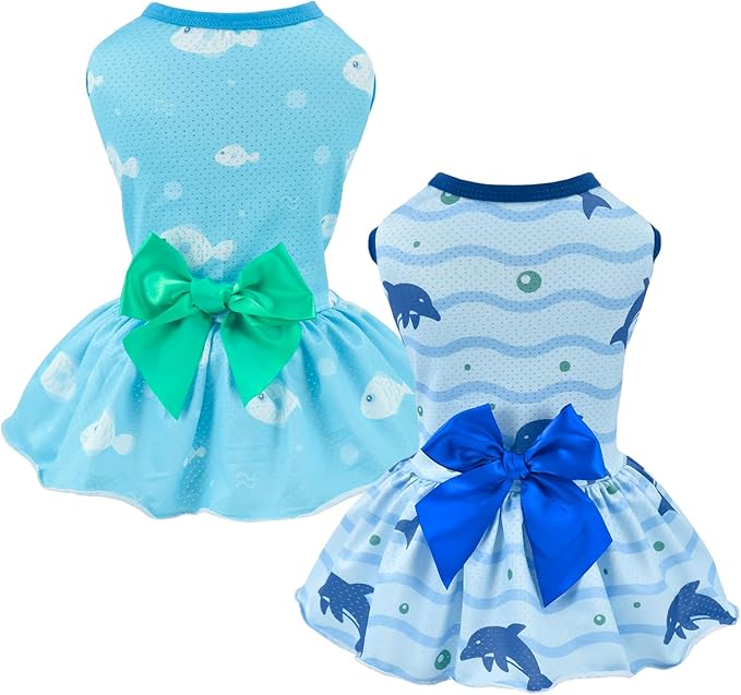 2-Pack Dog Summer Dress Breathable Puppy Cat Dresses with Bowknot Pet Summer Cool Outfits Skirts with Sea Fish Dolphin Patterns for Small Medium Dogs M