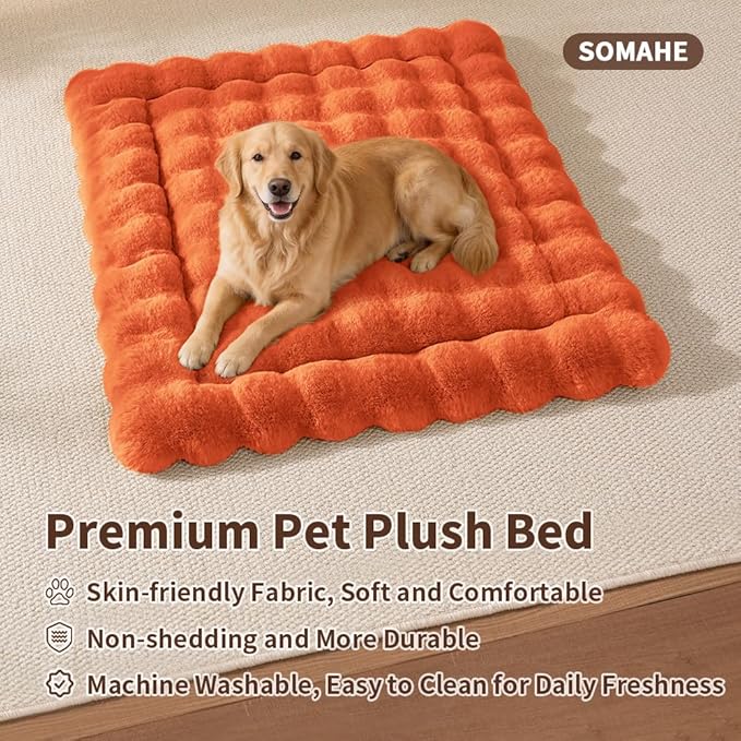 SOMAHE Large Dog Bed Mat, Extra Large Plush Faux Fur Washable Pet Bed for Large Dogs, Non-Slip Fluffy Dog Mat – Machine Washable XL Dog Sleeping Pad for Large Breeds, 35 x 27 Inch Orange