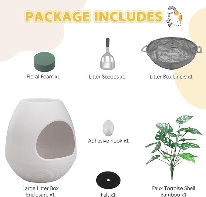 Eggloa6 Plant Litter Box, Hidden Cat Litter Box with Artificial Plants, DIY Litter Box Furniture (Light White)