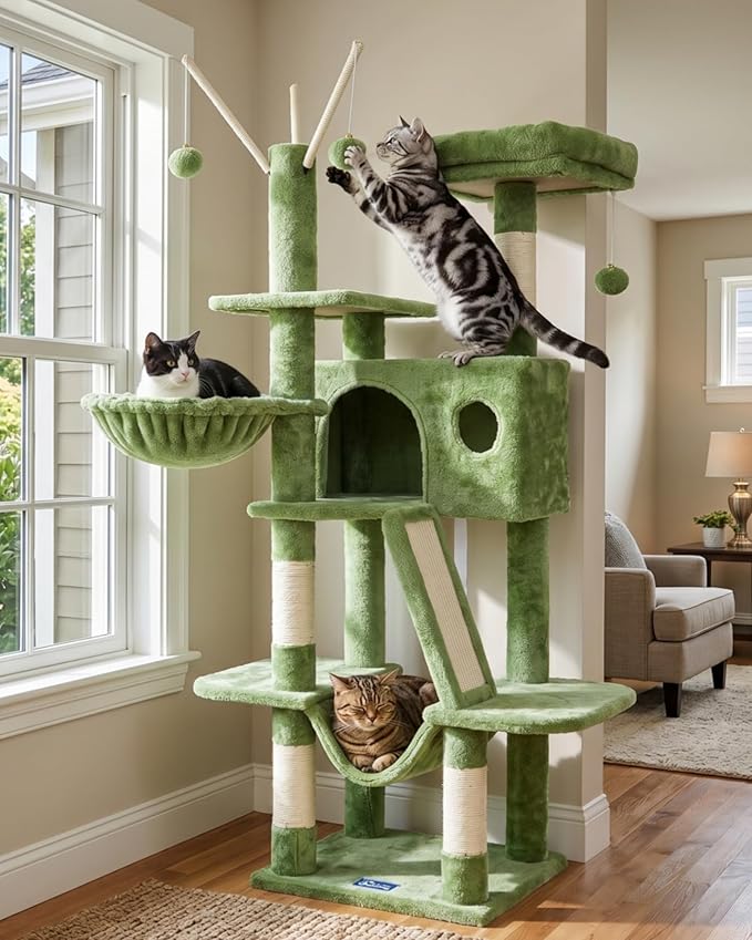 Hey-brother Cat Tree, 53 inch Cat Tower for Indoor Cats, Cat House with Padded Platform Bed, Toy Balls, Large Cozy Condo, Hammocks and Sisal Scratching Posts, Green MPJ019-SGR