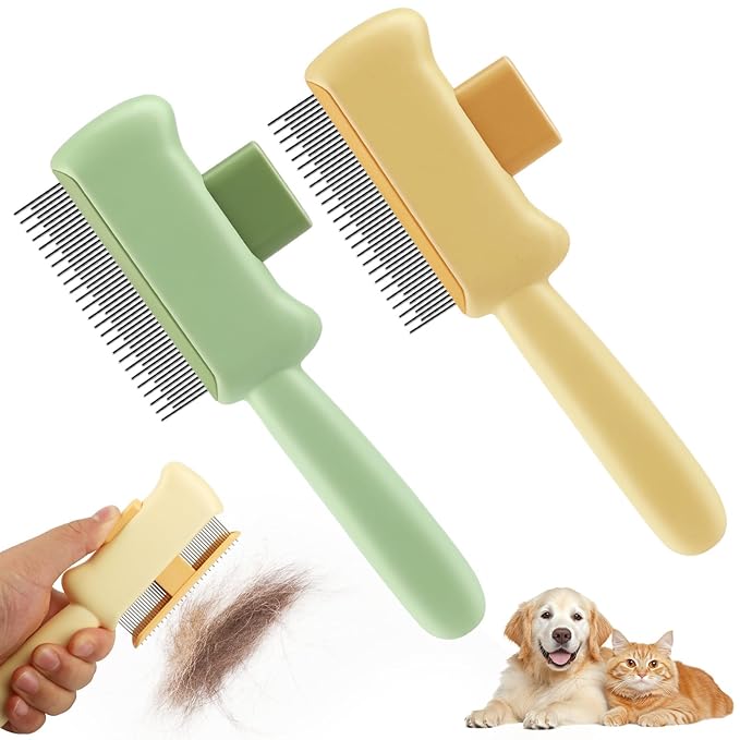 2-Pack Pet Grooming Brush, Self-Cleaning Deshedding Brush & Fine Tooth Comb, Rounded Stainless Steel Teeth for Dogs Cats Short Long Hair