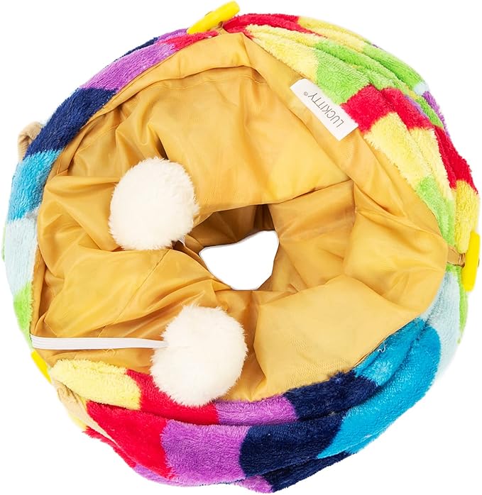 Cat Tunnel -Straight-Shaped, Rainbow Wave Color, Soft Velvet Exterior, Oxford Fabric Fog-Proof Interior, Plush Toy Ball, Easily Washable, Conveniently Foldable, 47.2in/120cm