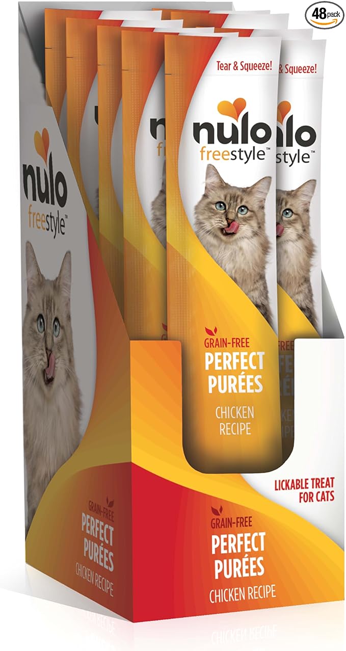Nulo FreeStyle Lickable Cat Treats - Perfect Purées Chicken Recipe, Squeezable Grain-Free Wet Cat Food Topper, High Moisture for Hydration, 0.5oz Tubes (pack of 48)