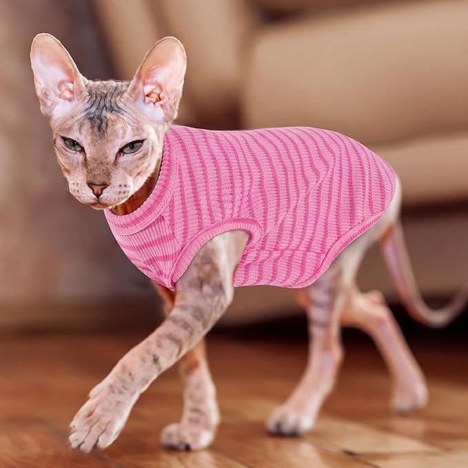 BRKURLEG Knit Cat Shirt, Sleeveless Pet Vest for Sphynx Cats and Small Dogs, Soft Pullover Spring Summer Apparel, Breathable T-Shirts with Round Collar (Rose Pink Stripes, M)