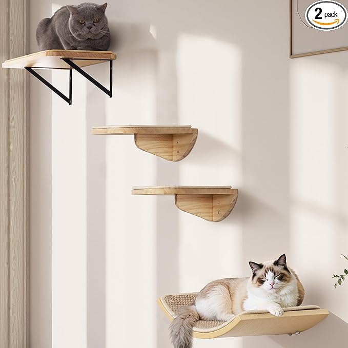 Wood Cat Wall Shelves with Sisal Cats Window Perch, Wall Mounted 4-Piece Cat Climbing Set with Curved Bed, Flat Perch and Sisal-Covered Steps