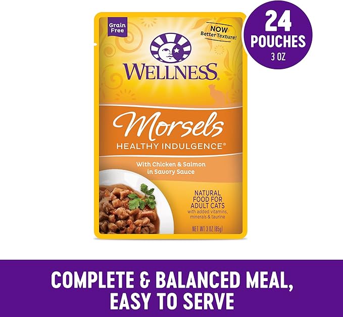 Wellness Healthy Indulgence Morsels Adult Wet Cat Food, Natural, Protein Rich, Grain Free, Chicken and Salmon Recipe, 3 oz, Pack of 24 Pouches