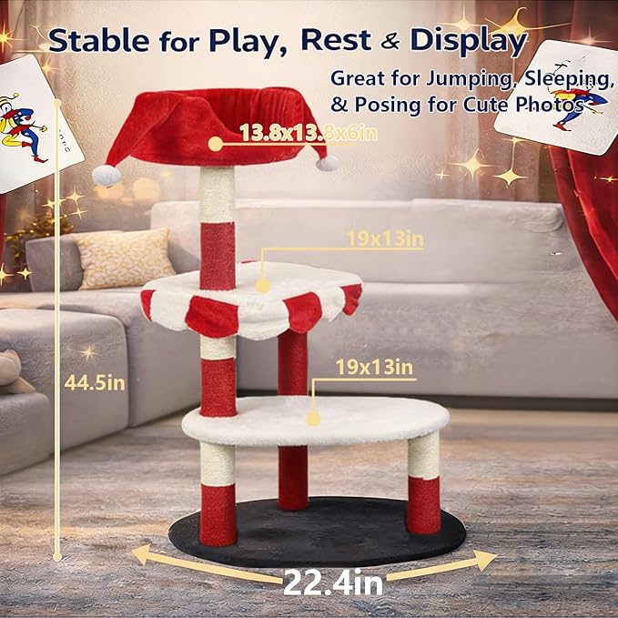 Circus Clown Cat Tree Tower, Multi-Level Cat Condo with Plush Platforms & Scratching Posts, Cute Circus Theme Cat Furniture for Indoor Cats (red)