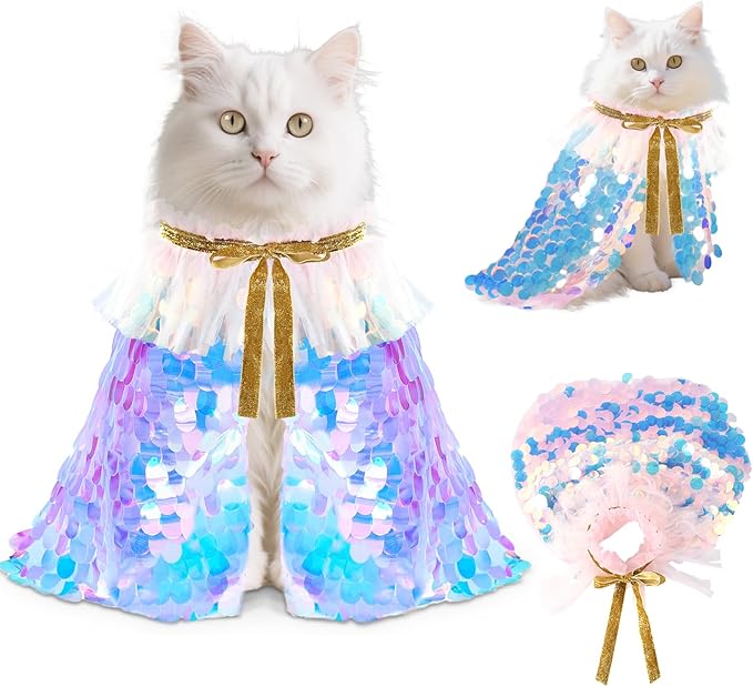 Vellibring 2 Packs Halloween Cat Costumes, Small Funny Sequins Halloween Cat Wizard Cape Adjustable Pet Wizard Cloak for Little Dogs Cats Puppy Halloween Cosplay Party