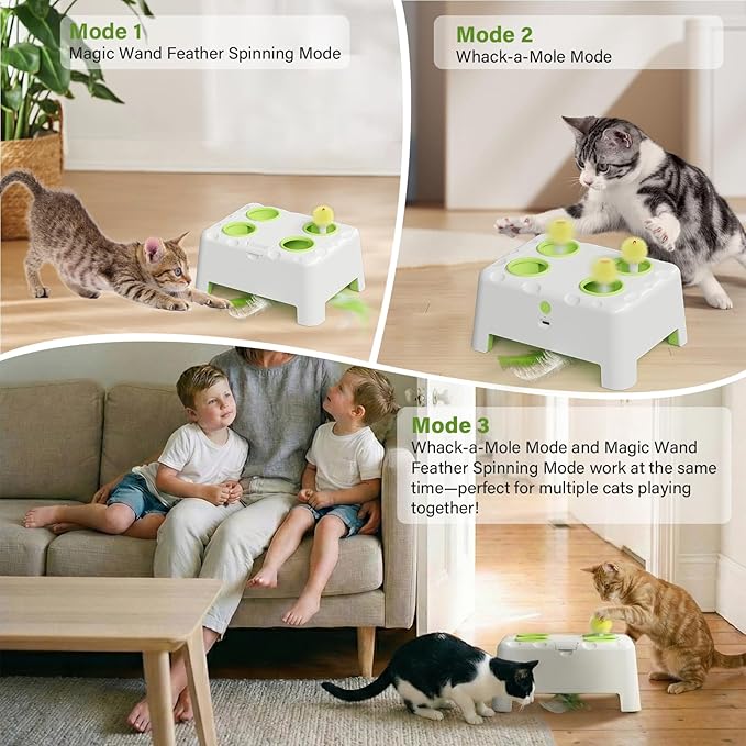 Magic House Interactive Cat Toy with 3 Modes, Rechargeable Whack-a-Mole Feather Toy for Indoor Cats, 4 Holes & 4 Accessories