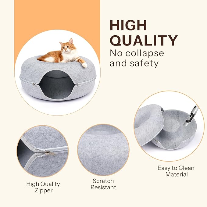 Peekaboo Cat Cave Bed for Indoor Cats, Scratch-Resistant Cat Donut Tunnel for Multiple & Large Cats, Detachable Round Cat Hideaway for Playing, Sleeping and Hiding