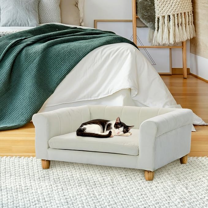 CRITTER SITTERS 33” Faux Suede Ped Bed in Cream, Durable Washable Sofa Couch for Small & Medium Cats & Dogs, Must Have Accessory for Yorkies, Shih Tzus & Frenchies, Kitten & Puppy Essential Furniture