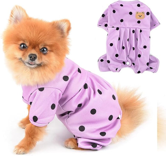 PAIDEFUL Polka Dot Dog Pajamas for Small Dogs, Lightweight Four-Leg Puppy One-Piece with Belly Coverage, Soft Pullover Sleepwear for Chihuahua Yorkie and Cats, Purple, XL
