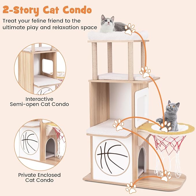 Tangkula Modern Cat Tree, 47 Inch Sports-Themed Cat Tower with Jute Scratching Posts, 2 Cat Condos, Perches, Basketball Hoop Hammock, Removable & Washable Cushions, Multi-Layer Large Wood Cat Tree