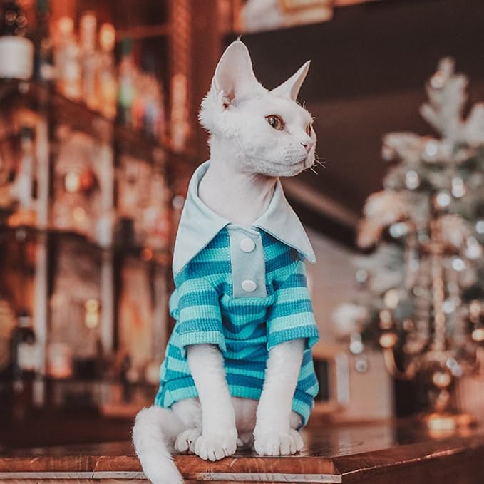 Super Soft Sphynx Cat Shirt Cotton Hairless Kitten Polo T-Shirt with Sleeves Pullover Cat Pajamas for Sphynx Cornish Rex, Devon Rex, Peterbald (Sea Blue, XL (10-12 lbs))