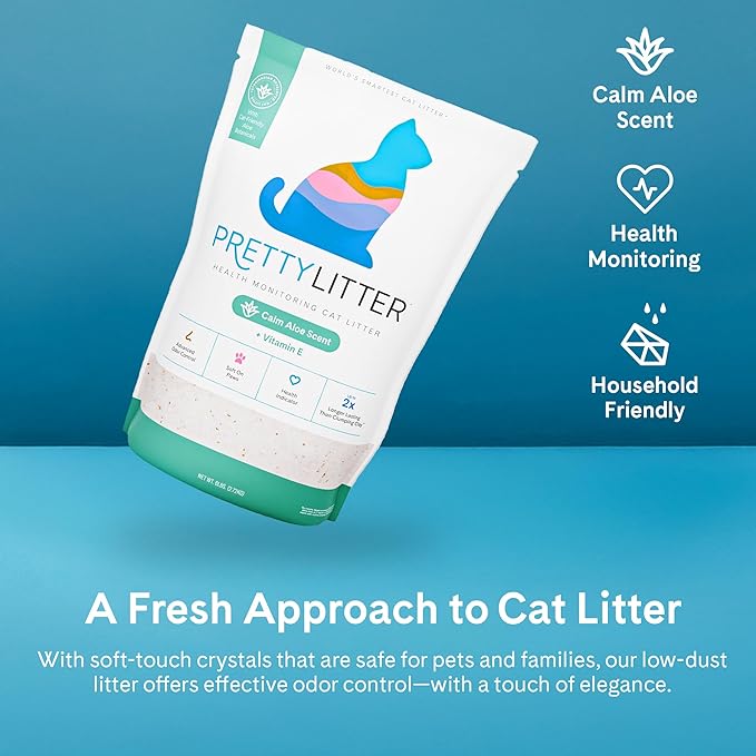 PrettyLitter Health Monitoring Cat Litter (Calm Aloe, Non Clumping) | Lightweight & Low Tracking, Color Changing Silica Gel Crystals, Advanced Odor Control — 6 Lbs, Pack of 1 (Up to 1 Month Supply)