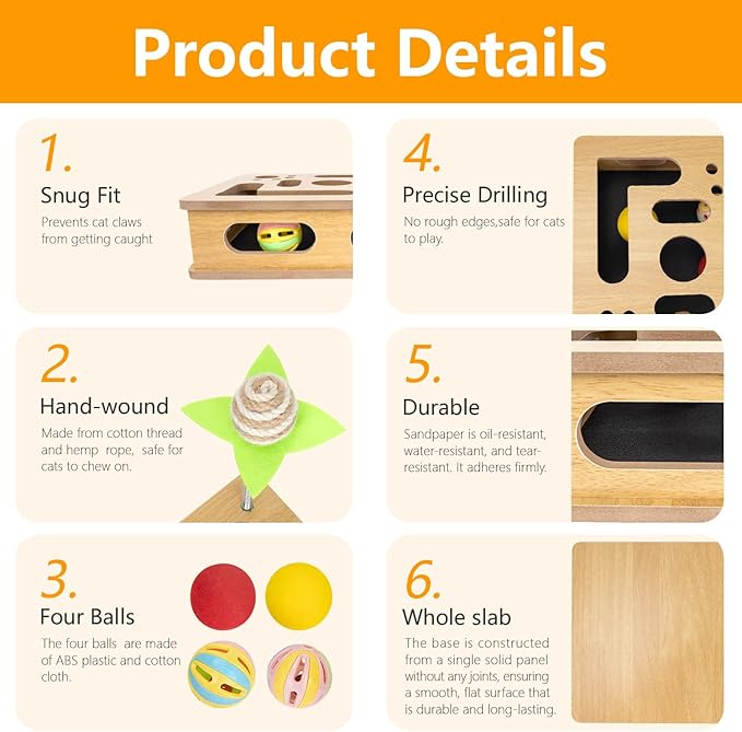 Cat Scratch Puzzle Enrichment Box,Cat Nail File Enrichment Box,No Assembly Required,Built-in Sandpaper Trims Your pet's Claws as They Play(Burlywood Color)