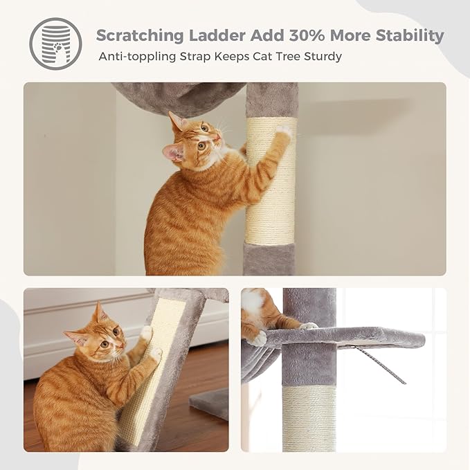 PEQULTI Floor to Ceiling Cat Tree, Tall Cat Tower, Adjustable Height (83''-108'') 5 Levels Climbing Tree for Indoor Cats with Cat Condo, Cozy Hammock and Scratching Post, Grey