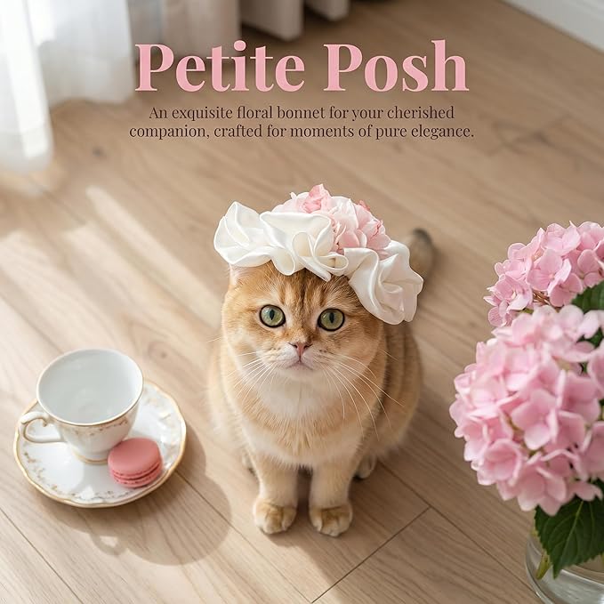 Lovelyshop Spring Garden Party Cat Hat, Elegant Satin Bow and Blossom Design for Pet Photoshoots and Picnics, Silk Lace Bonnet, Tea Party Pet Accessory