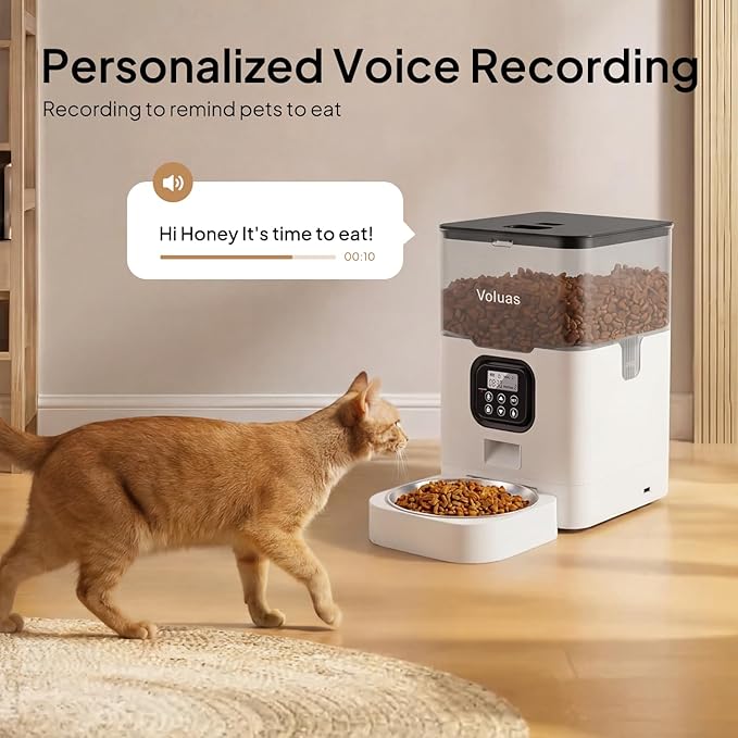 VOLUAS Automatic Cat Feeders - Dry Food Dispenser with Timer, Desiccant Bag, Programmable Portion Size Control 4 Meals Per Day, 10s Voice Recorder