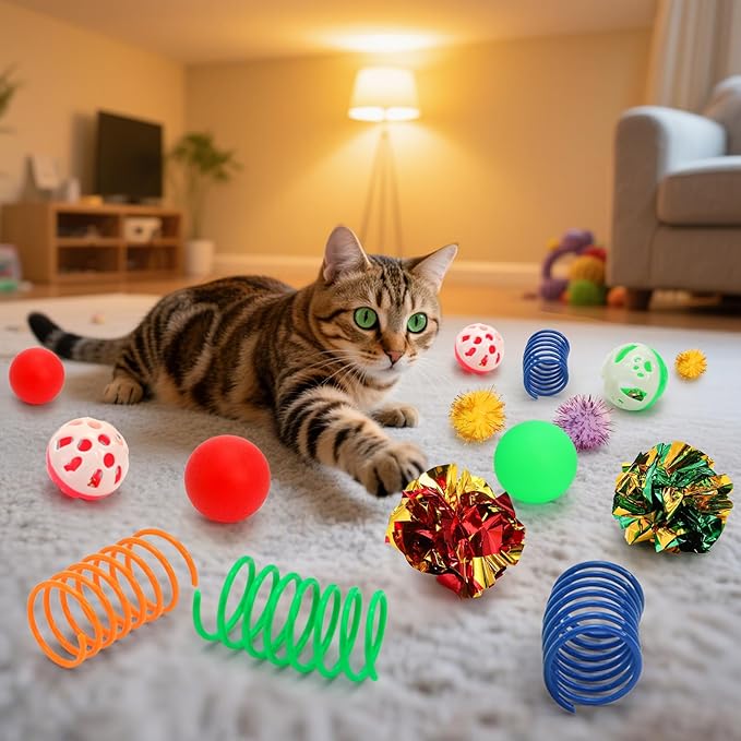 Nicunom 100 Pcs Cat Toys for Indoor Cats and Kittens - Spring, Fur Mice, Crinkle Ball, Sparkle Pom Pom Ball, Bell, Catnip Rope, Variety Cat Interactive Toy Set