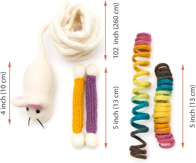 Glaciart One Indoor Catnip Cat Toy Pack - 5pc | Kitty Toys Include Wool Springs, Swabs & Mouse | for Activity, Exercise & Play | Filled w/Organic Catnip to Excite/Calm Pet | Great Gift Idea