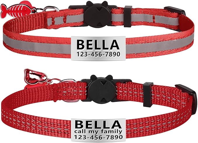 La Reine 2 Pack Cat Collar with Name Tag, Personalized Reflective Cat Collar Breakaway with Bell and Fish Bones and Heart Pendant (Red)