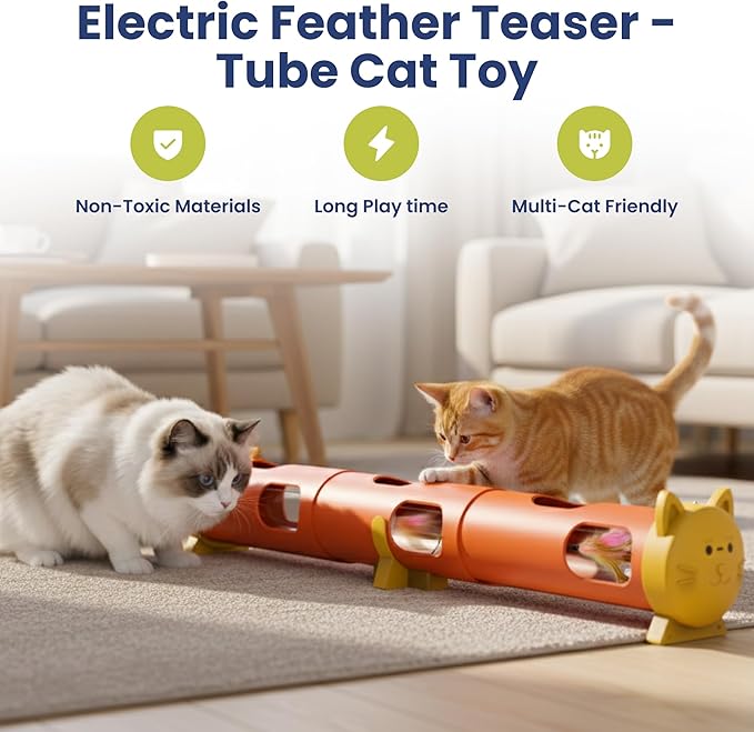 PAWSPIK Electric Feather Teaser Tube Cat Toy, Interactive Automatic Cat Toy for Indoor Cats, Smart Random Feather Play, Long Battery Life, Pet-Safe Materials (Large)