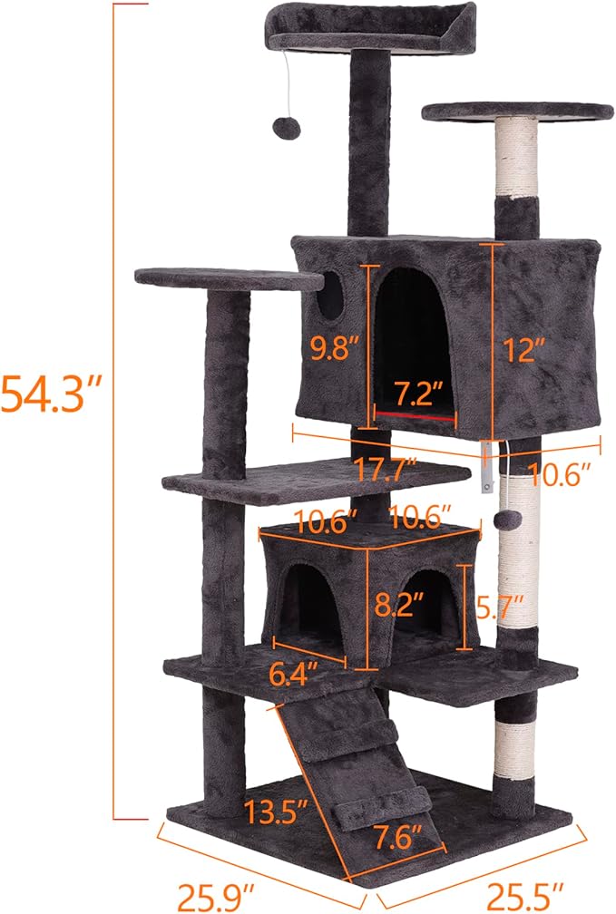 53 Inches Multi-Level Cat Tree Furniture Kitten Activity Play House Bed Pet Kitty Climbing Tower with Scratching Posts/Plush Perch/Scratcher Ladder/Tunnel for Cats,Kittens,Pets (Grey)
