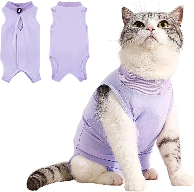 Idepet Cat Surgery Recovery Suit Kitten Onesie for Cats After Surgery Female Breathable Kitty Spay Suit for Abdominal Wound Skin Diseases E-Collar Alternative Wear(Purple,M)