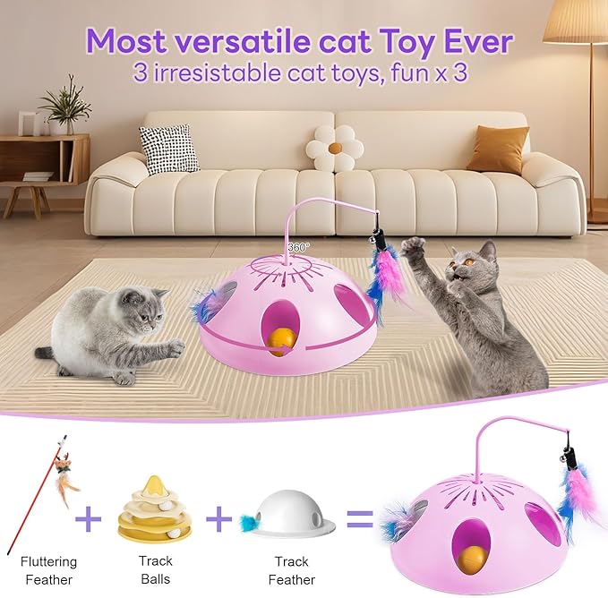 Cat Toys, Interactive Cat Toy for Indoor Cats, Automatic Interactive Kitten Toy, Fluttering Feather, Track Balls, Rotating Track Feather Enrichment Kitty Toys for Multi-cat Family (Pink)