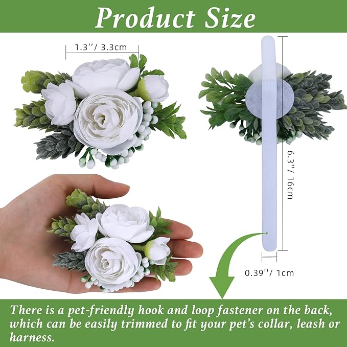 Pet Collar Flower Dog Wedding Flower Bow Tie Removable Floral Accessory for Dog Collar Elegant Rose Charm for Wedding Ceremony Puppies Cats Grooming, Pet Photo Prop (White)