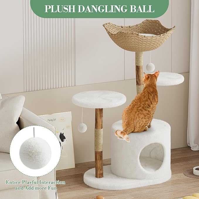 GAOMON 46" Modern Cat Tree for Large Cats, Real Solid Wood Branch Luxury Cat Condo with Scratching Post and Cat Bed, Boho Aesthetic Luxury Pet Furniture