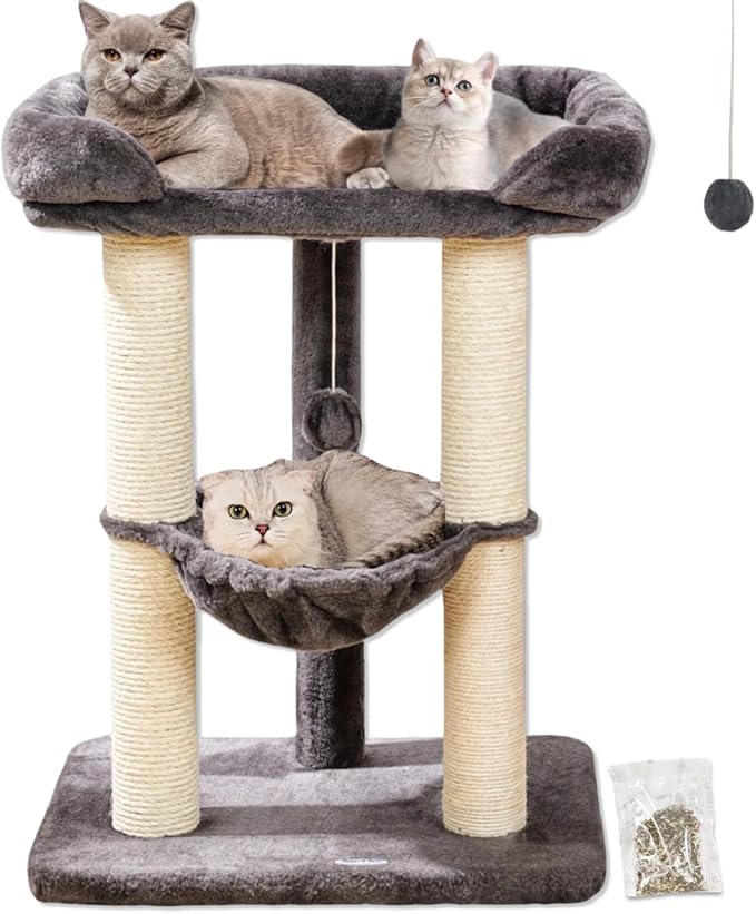 Happi N Pets 28" Cat Tree, Large Bed for Big Cats, Small Cat Tower with Soft Perch for Window Viewing, Stable Cat Tree Tower, Cat Scratching Post with Hammock, Removable Cover-Gray