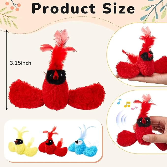 3 Pcs Bird Cat Toy with Chirping Sound, 3.15 Inch Interactive Exercise Toy with Lifelike Bird Chirp, Red Cardinal Blue Jay Goldfinch for Indoor Bored Cats Kittens, Gifts for Valentines Day