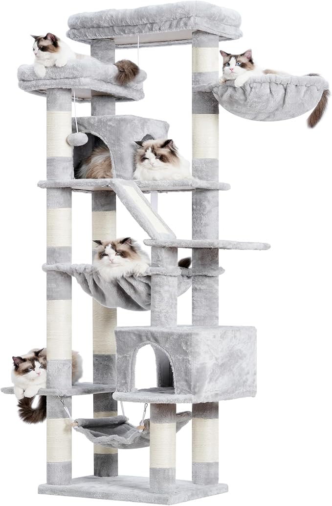 Heybly Cat Tree, 71-Inch-Tall Tower for Indoor Cats with 2 Perches, 2 Big Condos, 2 Hammocks, Basket, Scratching Pad, Large Cat Furniture and Condo, Light Gray HCT034W